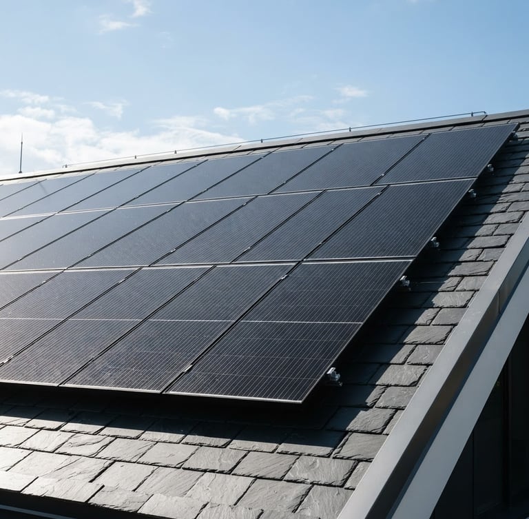 Sharp architectural photography of modern solar panels on a clean slate roof, bright natural daylight, high contrast, 35mm