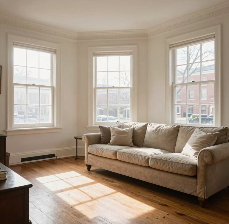 A bright, morning-lit living room in a historic D.C. rowhouse, natural light streaming through clean windows, dust-free wooden floors, neatly aligned sofa pillows, realistic and lived-in.