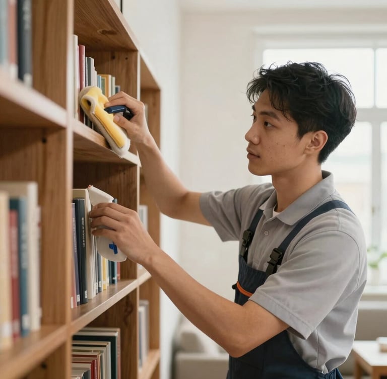 A professional cleaner in a simple, neat uniform carefully dusting a warm wooden bookshelf in a bright, natural-light DMV apartment.