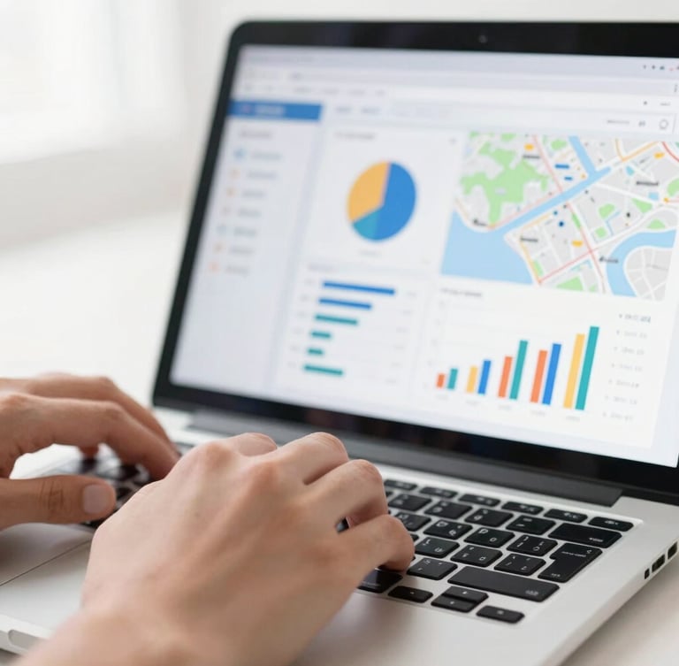 Close-up of clean hands typing on a laptop displaying a modern admin dashboard with charts and maps, bright high-key lighting, sharp focus