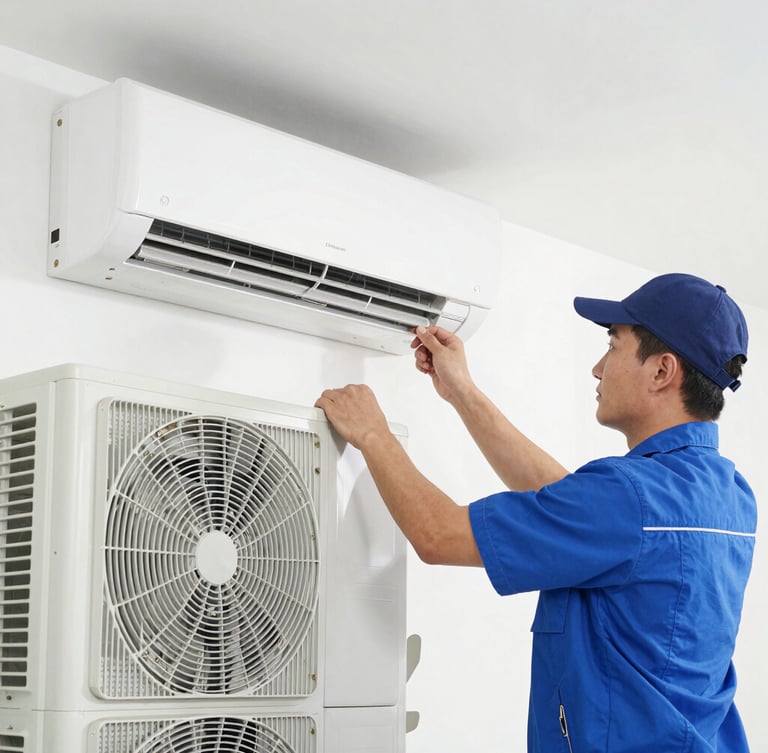 Crisp commercial photography of a technician in a clean uniform adjusting a modern AC unit, bright natural daylight, sharp focus, 35mm lens.