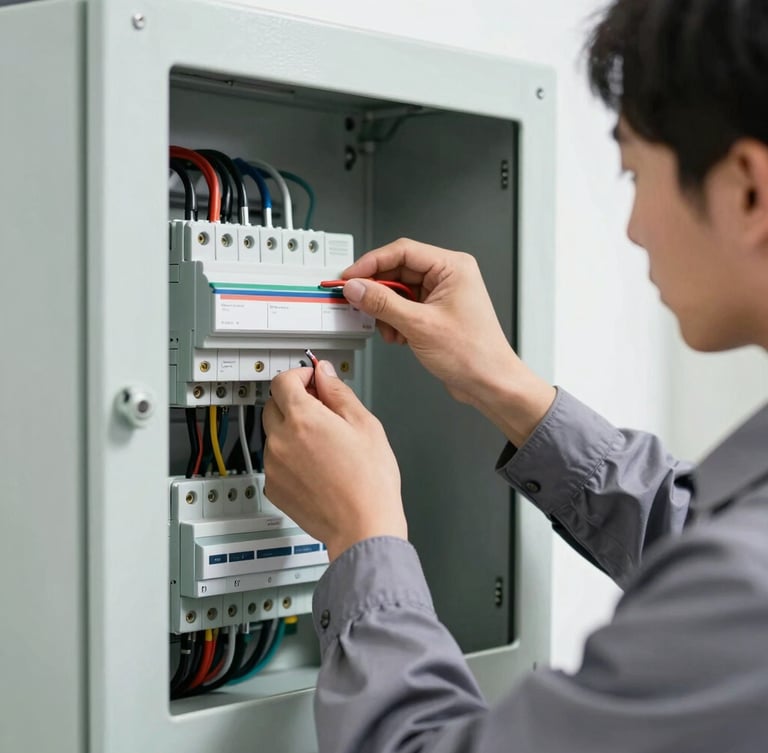Close-up of a professional technician in a clean slate-gray uniform wiring a modern electrical panel, bright natural daylight, sharp focus
