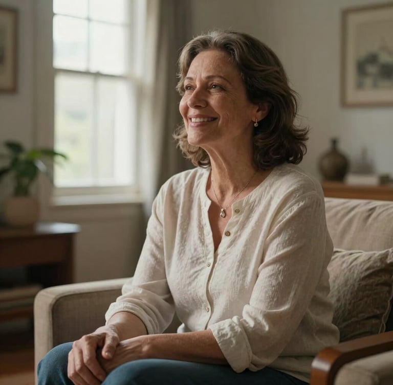 Retrato em plano médio de uma mulher de trinta anos sorrindo, sentada de forma confortável em sua sala de estar com iluminação natural suave vinda da janela lateral, transmitindo acolhimento e paz.