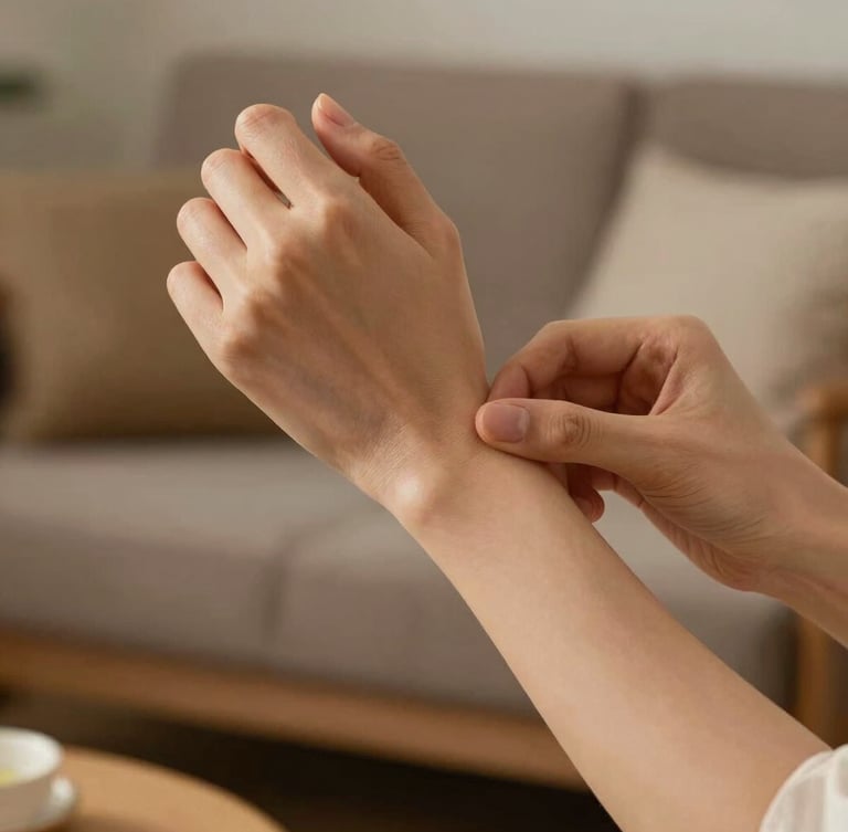 Close-up of a woman's hands gently massaging her own wrist, soft warm lighting, cozy living room setting