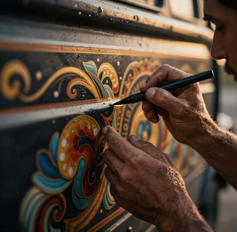 Close-up of an artisan's weathered hands painting intricate, vibrant truck art motifs on a dark metal surface, warm golden side-lighting, cinematic depth of field