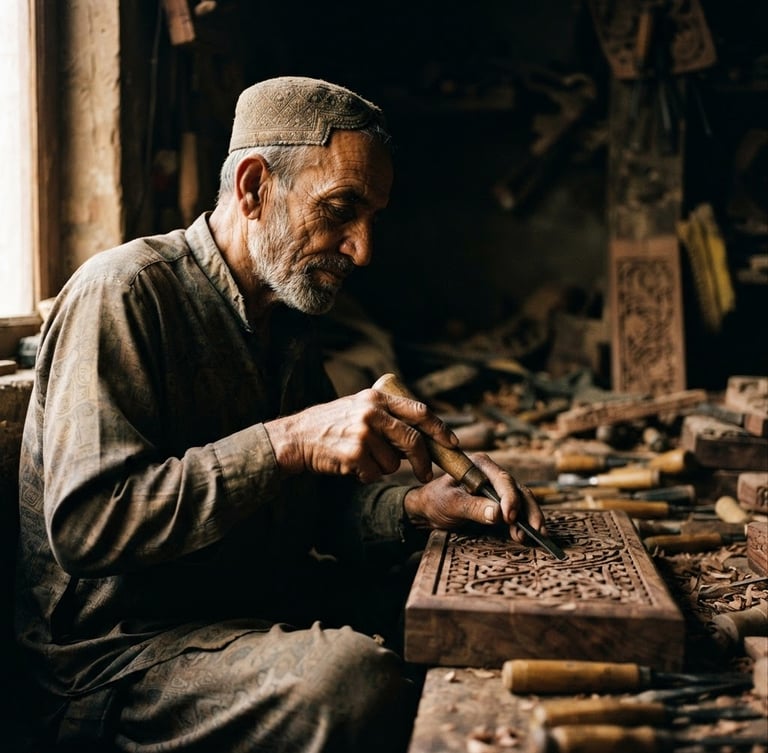 Intimate portrait of an elder Pakistani wood carver in Chiniot, dramatic side-lighting, warm golden highlights catching the deep wood textures and his hands, moody charcoal background, 35mm lens.