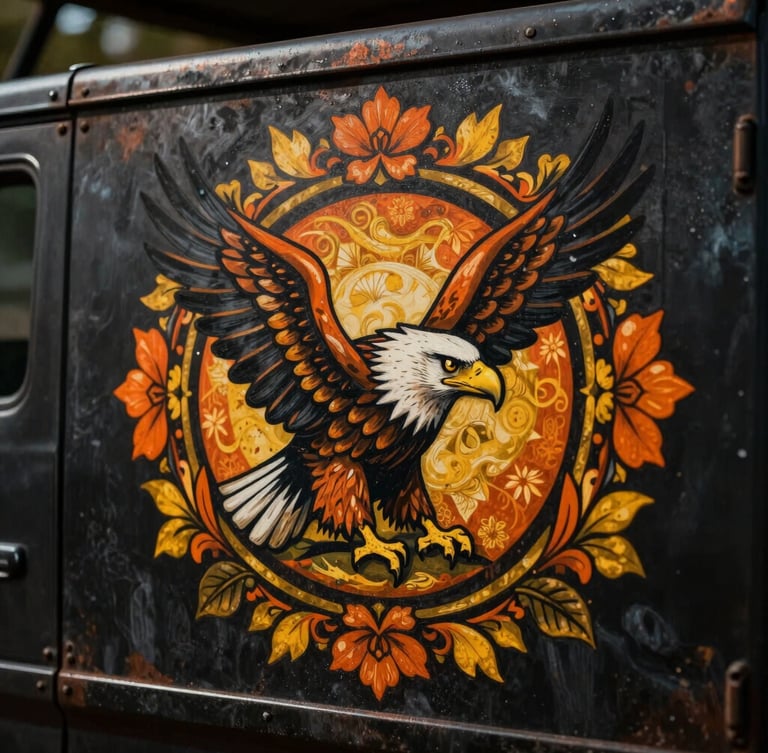 Vibrant hand-painted truck art motif of a majestic eagle surrounded by orange and yellow floral borders on a dark textured metal panel, dramatic side-lighting, macro detail