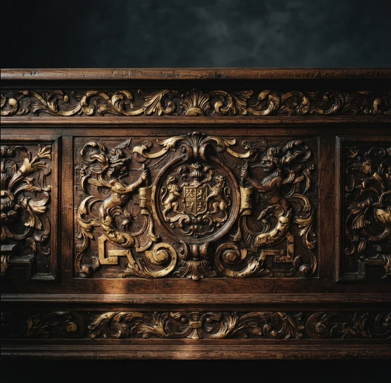 Moody editorial portrait of a hand-carved wooden chest, dramatic side-lighting catching the deep grain and gold leaf accents, charcoal background, 35mm lens