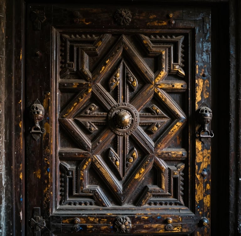 Intricate geometric wood carving detail on an ancient door frame in Swat Valley, moody side-lighting, deep shadows, antique textures