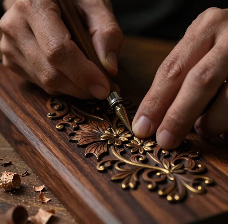 Macro detail shot of an artisan's hands carving intricate floral patterns into dark walnut wood, wood shavings on the workbench, warm side-lighting, 35mm lens