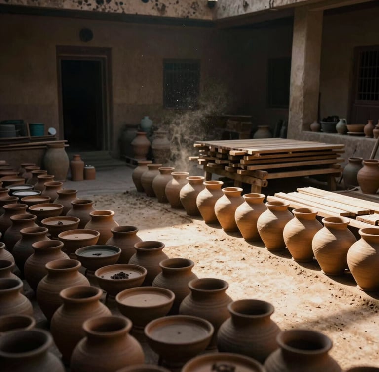 Wide panoramic view of a traditional sunlit courtyard workshop in Pakistan, clay pots drying, wood planks stacked, soft dust motes in the air, moody side-lighting.