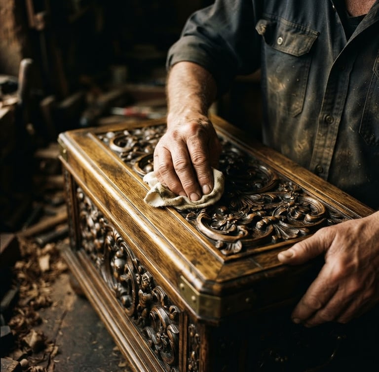 A close-up of a master artisan's hands carefully polishing an intricate hand-carved wooden chest, warm side-lighting catching the gold wood grain, dark moody background, 35mm lens