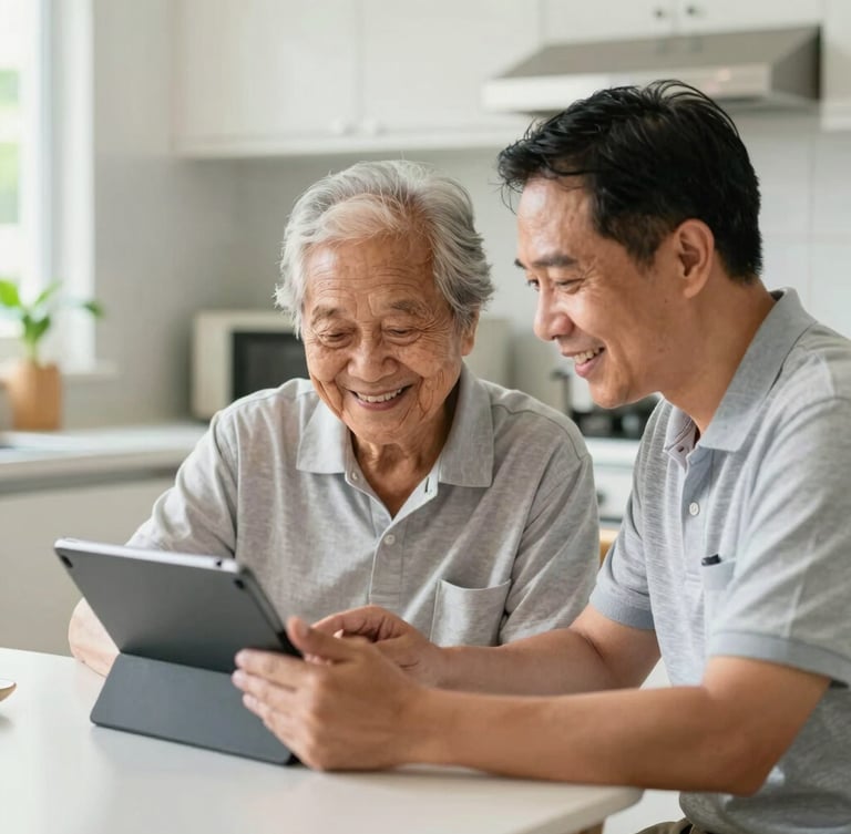 Warm editorial photography, natural daylight, bright and inviting, a patient coach sitting at a kitchen table guiding a smiling Singaporean senior on a tablet, shallow depth of field