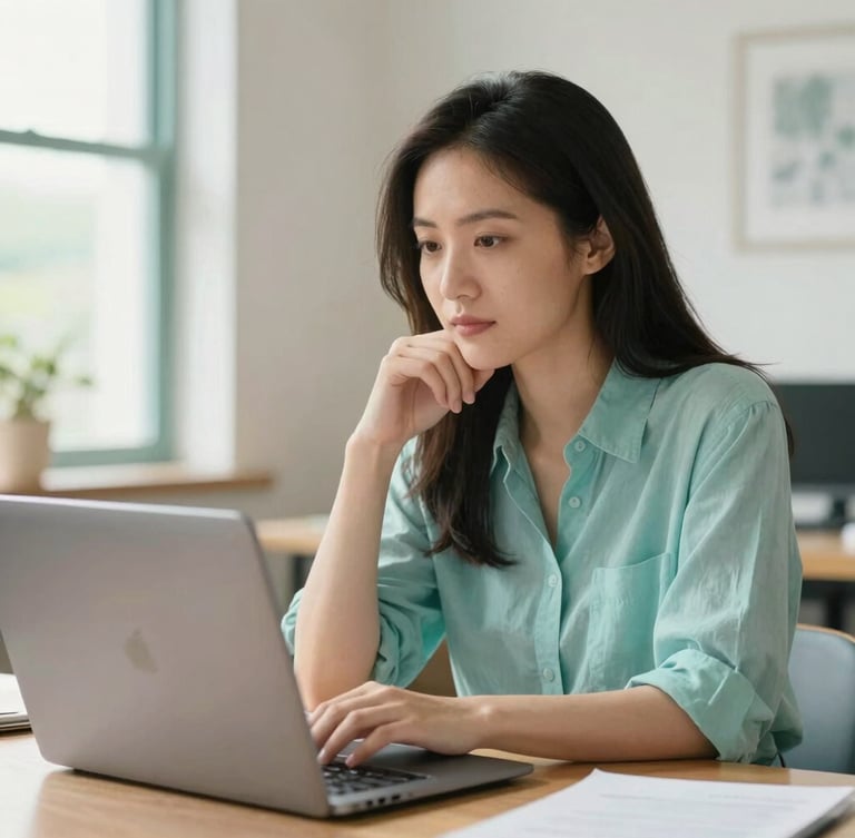 A female founder in a bright, natural workspace, looking thoughtfully at a laptop screen, warm daylight, soft teal tones, clean composition, 35mm