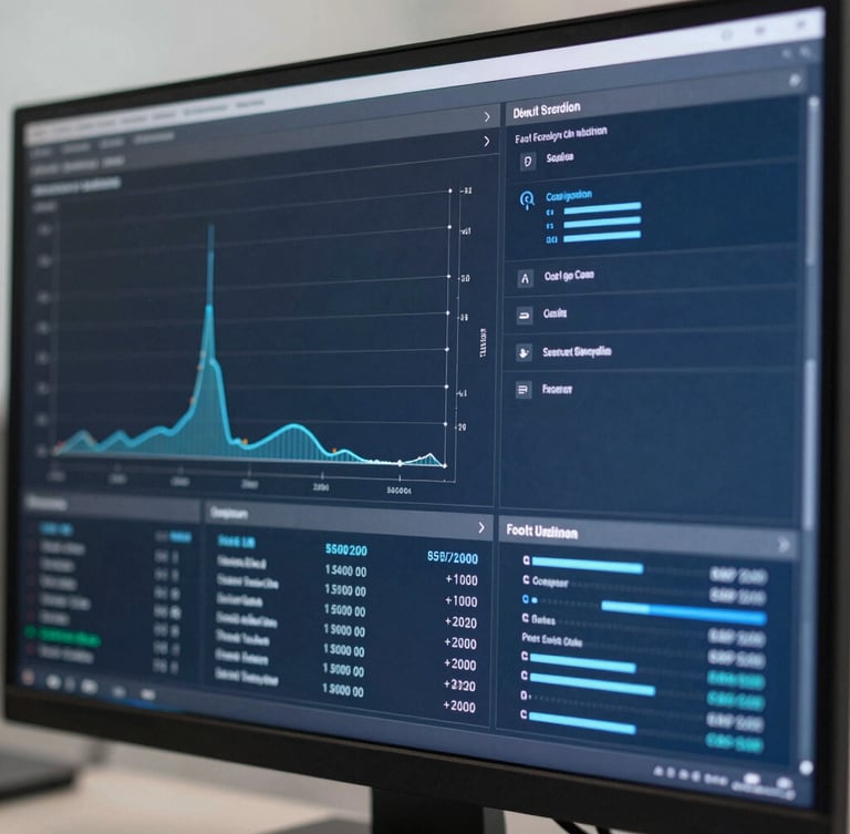 Macro close-up of a high-resolution data dashboard on a physical monitor, sharp focus, cool daylight, midnight blue and graphite tones.