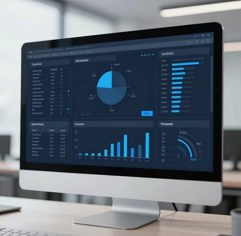 Macro close-up of a high-resolution data dashboard on a physical monitor, clean architectural lines of a modern office space, cool daylight, sharp focus.