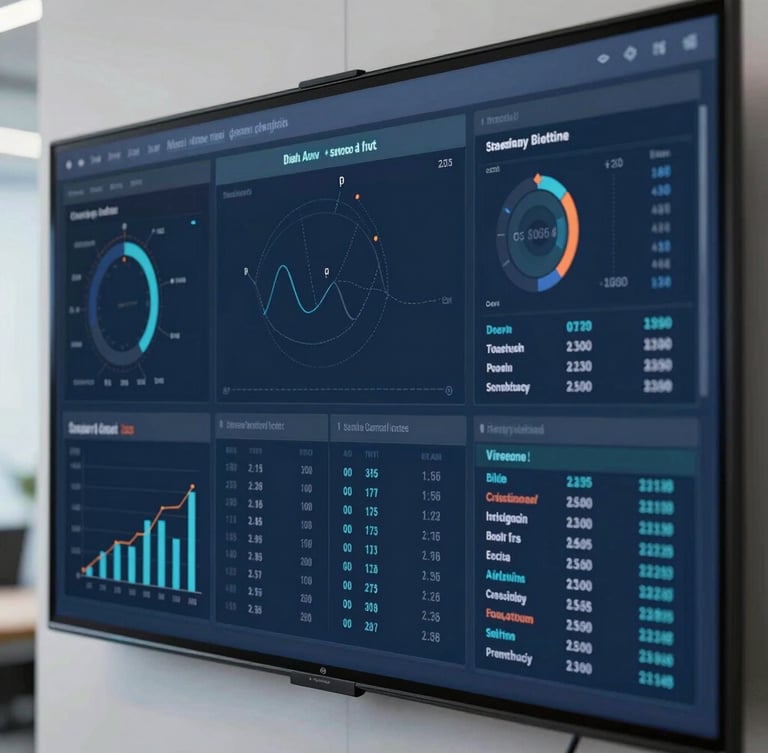 Close-up of high-resolution data dashboards on a physical screen in a clean corporate environment, cool daylight
