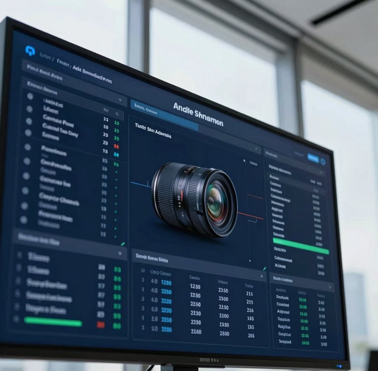 Close-up of a high-resolution data dashboard on a physical screen in a cool daylight corporate office, architectural lines, sharp focus, 35mm lens