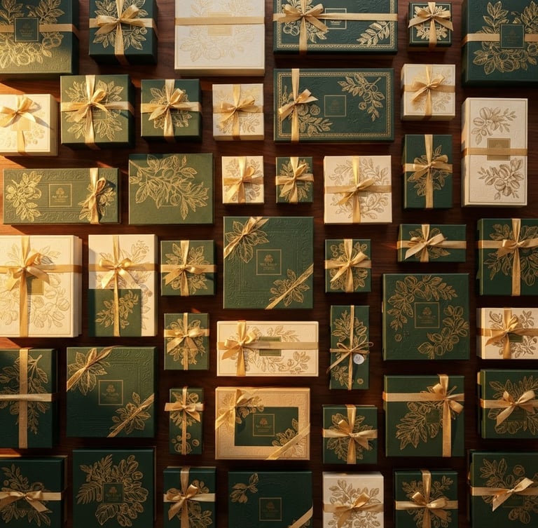Overhead flat-lay of curated gold-foiled Nut Valley gift boxes on polished walnut, warm golden-hour side lighting, macro lens