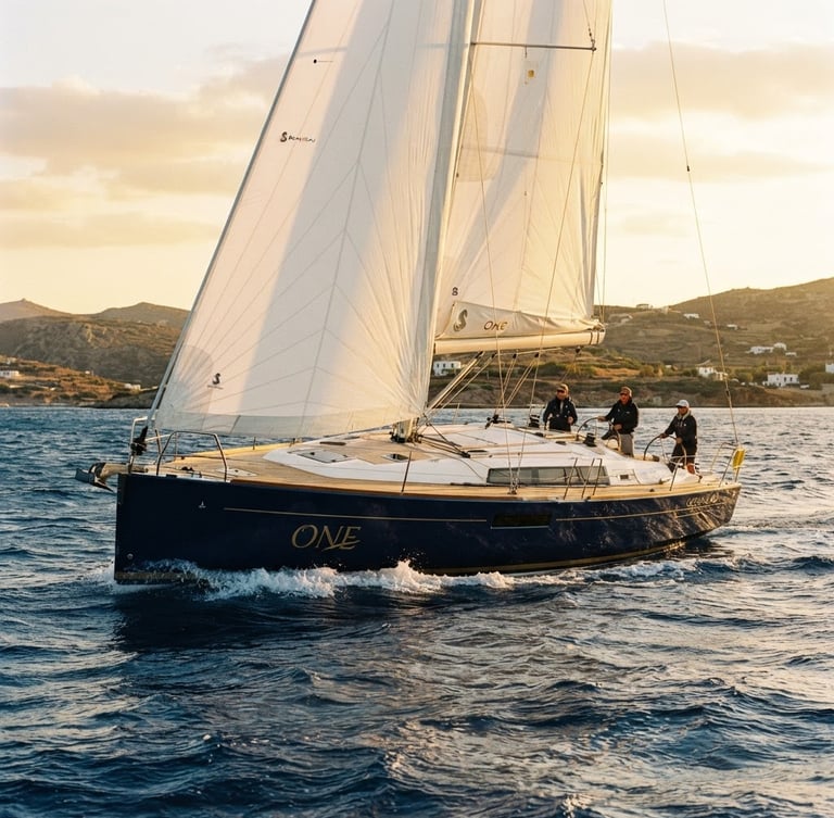Wide environmental shot of the deep blue hull of the Oceanis 60 sailing yacht ONE slicing through deep blue Mediterranean water, bright golden-hour sunlight, white sails filled with wind, 35mm film look.