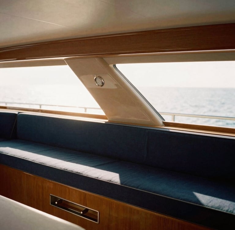 Close-up of the elegant yacht interior, warm polished wood, soft natural sunlight streaming through deck hatches, minimalist luxury cabin styling, 35mm film look.
