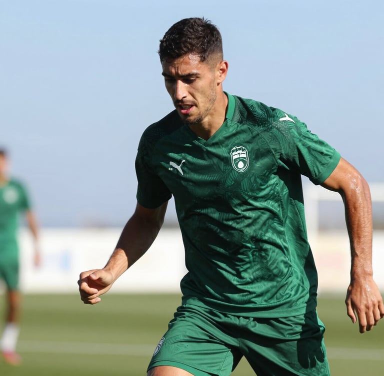 A sharp action shot of a soccer player training under the Mediterranean sun, deep forest green jersey, bright natural light with high-contrast shadows, 35mm lens.