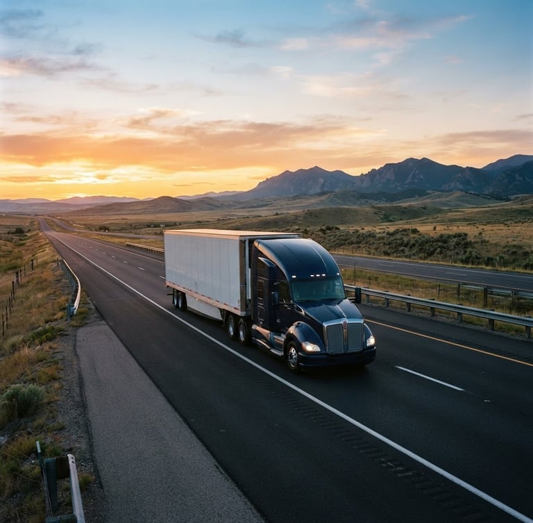 Wide environmental shot of a clean semi-truck on an open highway during golden hour sunrise, crisp morning daylight, sharp focus, 35mm