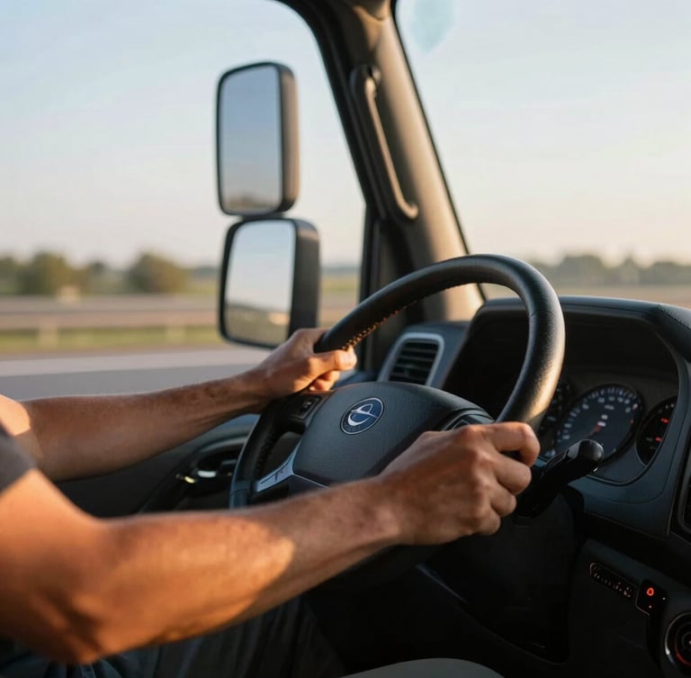 Close-up of a driver's hands on a steering wheel inside a modern truck cab, warm morning sunlight streaming through the window, sharp focus, 35mm