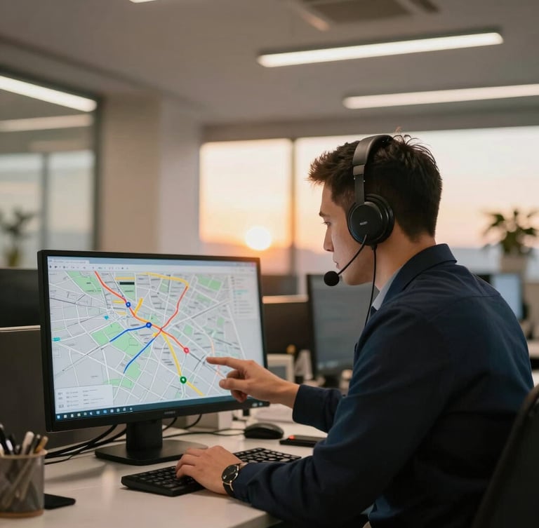 A professional dispatcher in a clean modern office looking at route maps on a screen, warm interior office light, sharp focus, 35mm