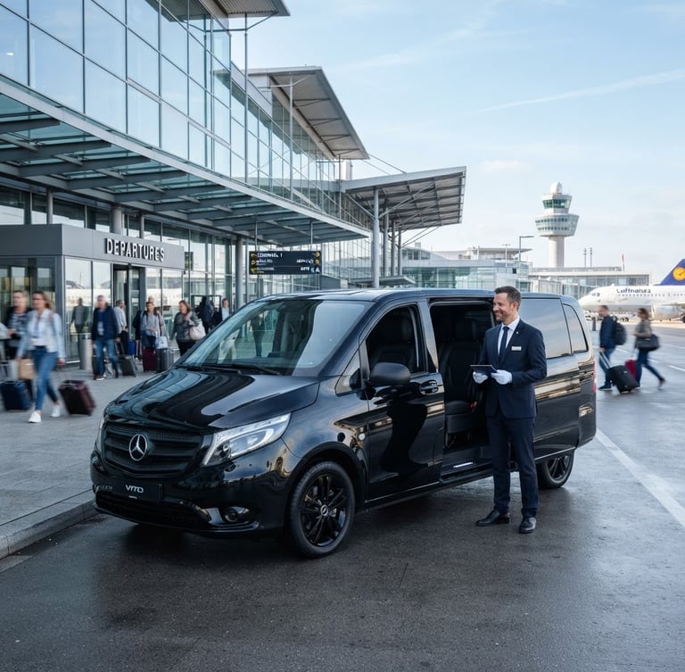 A spotless luxury modern black Mercedes Vito transfer van parked in front of a bright, sunlit modern airport terminal, professional chauffeur in clean attire standing by the open door, sharp focus, professional travel editorial
