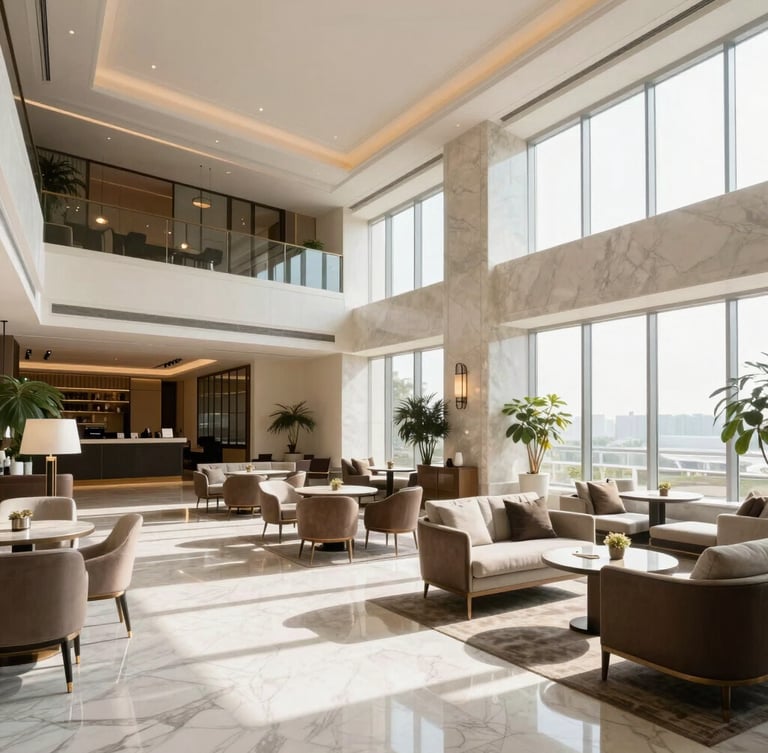 A bright and airy luxury hotel lobby with high ceilings, marble floors, and elegant modern furniture, soft morning sun streaming through large windows, professional travel editorial