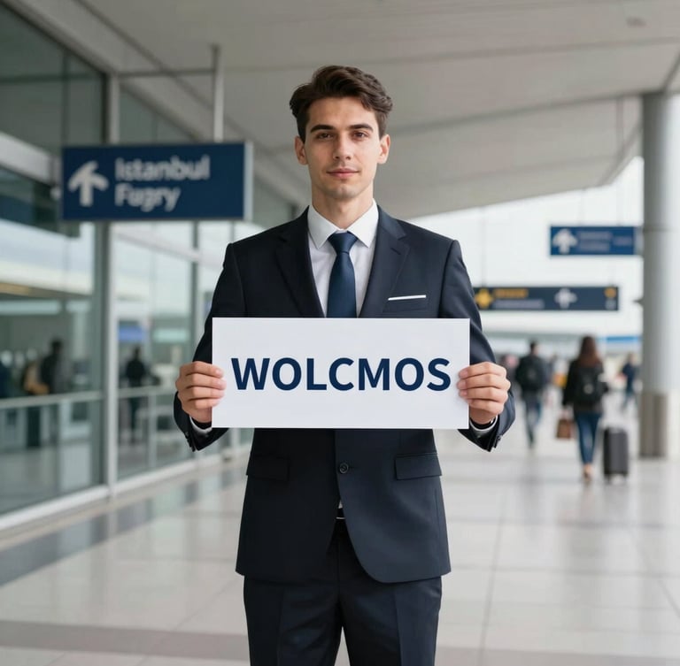 A professional chauffeur in a clean dark suit holding a welcoming sign at Istanbul Airport, bright natural daylight, crisp focus.