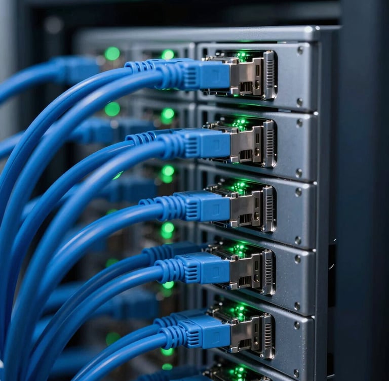 Cool-toned high-contrast macro shot of a meticulously organized server rack, clean blue ethernet cabling, active green indicator lights, shallow depth of field.
