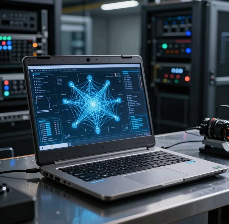 A rugged field laptop on a metal workbench displaying a real-time network topology diagram, cool blueprint-blue screen glow, high-contrast industrial server room background.