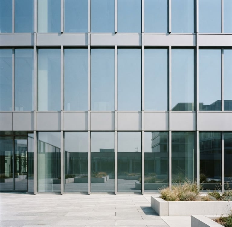 Minimalist corporate headquarters facade with clean glass lines, bright neutral daylight, cool corporate tones, sharp focus, 35mm lens