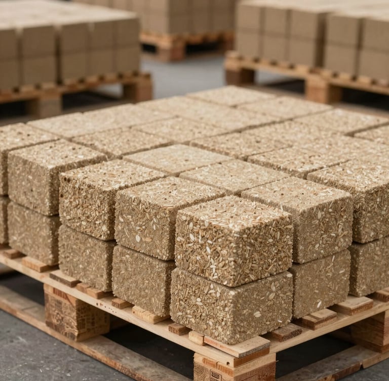 Close-up of clean, structured shipping pallets loaded with packed peanut shell briquettes inside a bright Indonesian warehouse, soft natural lighting