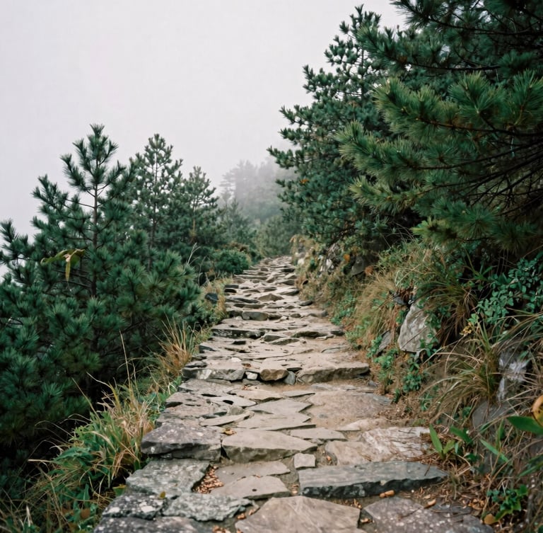 A portrait-aspect shot of a rugged stone trail winding through deep green pine forests in Ramaroshan, soft overcast daylight, misty atmosphere