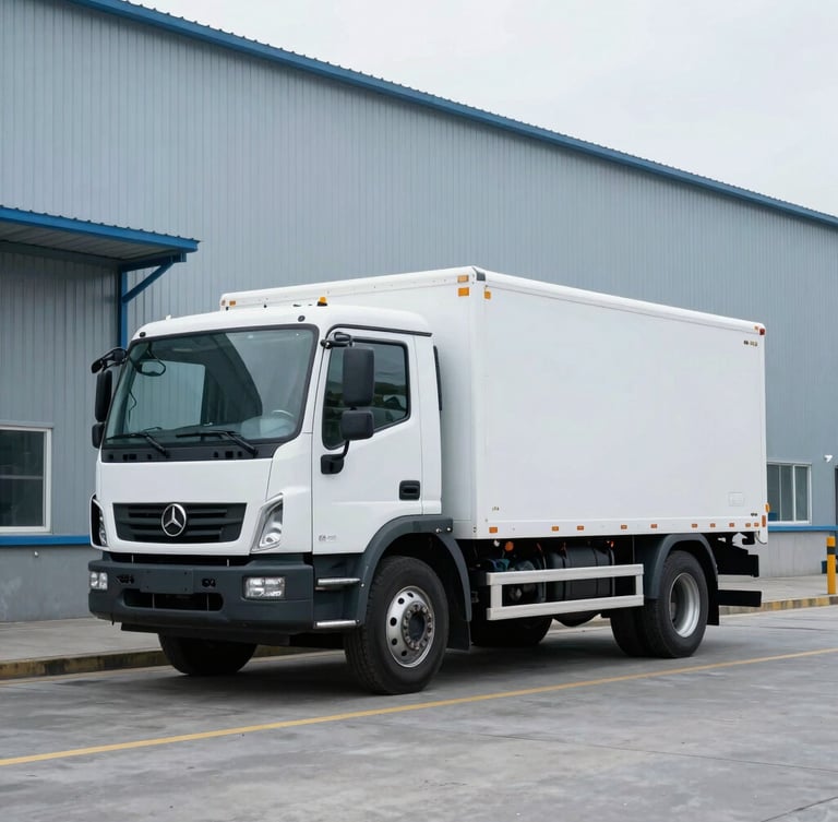 A clean white MSB service truck parked outside a modern steel-clad industrial facility, cool overcast daylight, steel blue tones, crisp technical detail