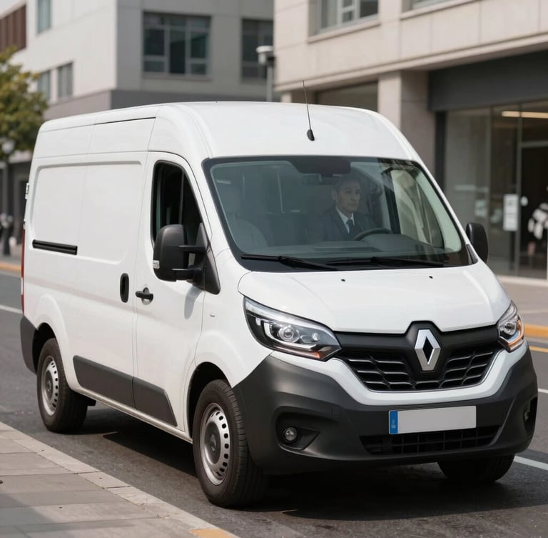 Medium shot of a clean modern white Renault Master van parked on a bright urban street during daytime, a professional driver next to it, high-contrast lighting.