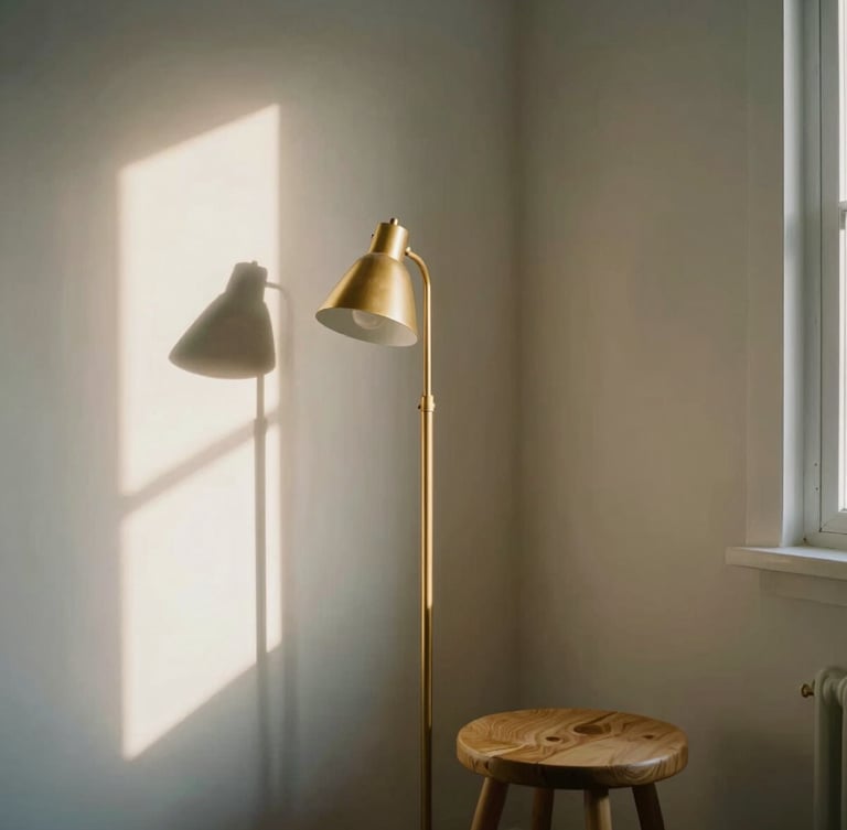 A beautifully balanced room corner with a gold-accented floor lamp, a low oak stool, and soft shadows on the wall, warm morning window light, shallow depth of field, 35mm