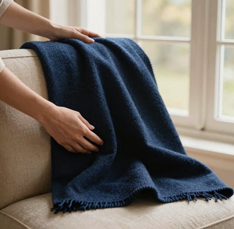 Hands gently arranging a heavy navy wool throw over a textured linen chair, warm morning window light, shallow depth of field, 35mm