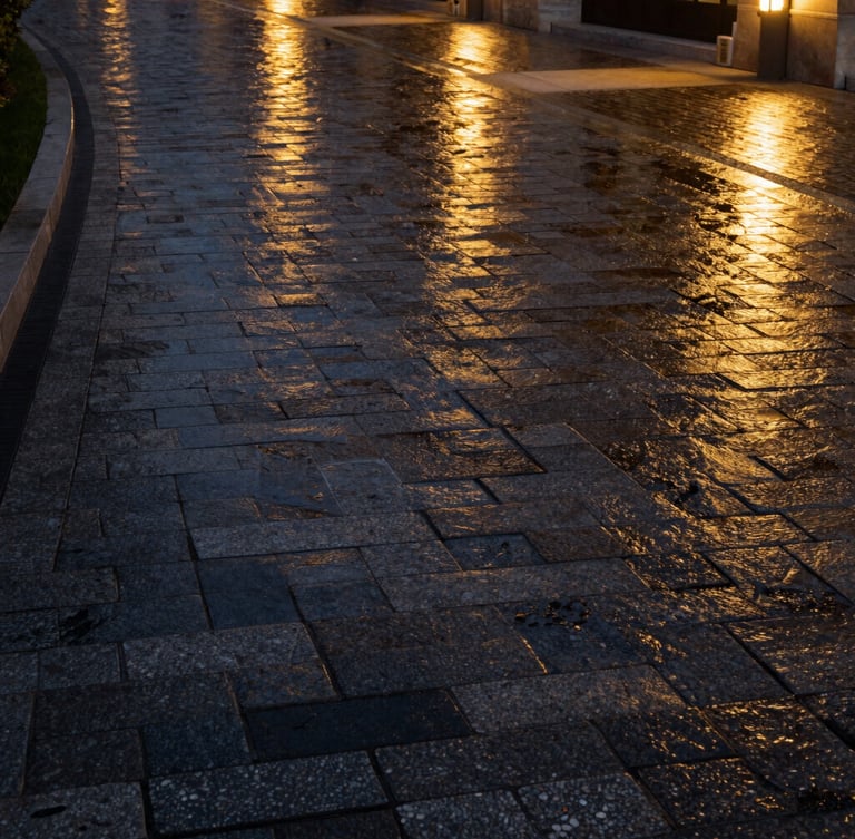 Manicured luxury resort pathway with heavy-duty Kandla Grey cobblestones, wet finish reflecting warm golden landscape lights, high-contrast night shot