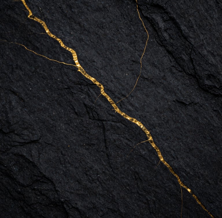 Macro shot of natural cleft sandstone surface, deep charcoal tones with rich gold veining pattern, sharp texture detail, low-key lighting
