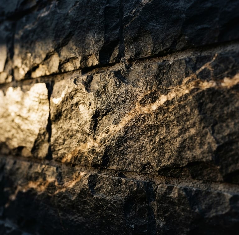 Low-key architectural photography of raw dark stone slabs with dramatic golden side lighting, highlighting deep charcoal textures and warm champagne veining, 35mm.