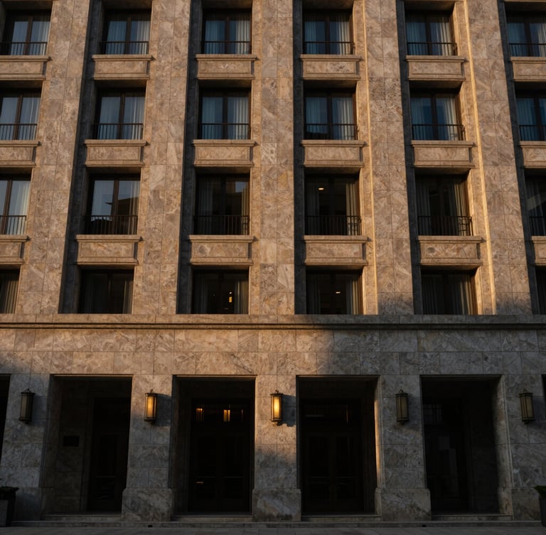 Expansive architectural wide shot of a luxury hotel facade clad in hand-dressed grey sandstone, warm golden sunset light casting deep shadows, 35mm