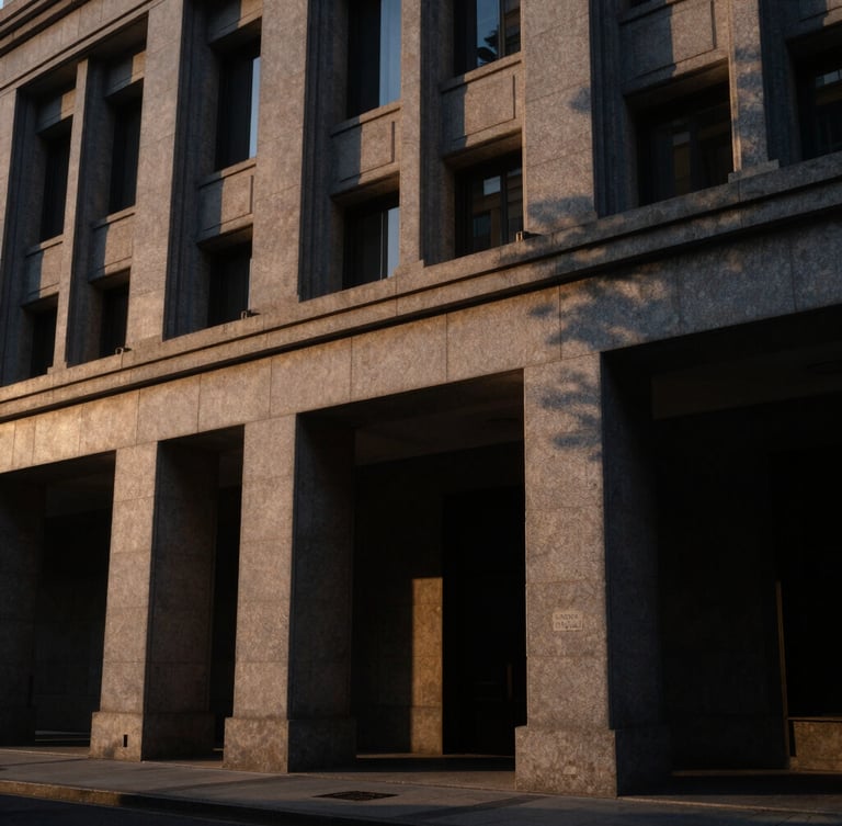 Wide-angle architectural shot of a luxury building facade clad in hand-dressed grey sandstone, low-key warm sunset light casting long dramatic shadows, 35mm