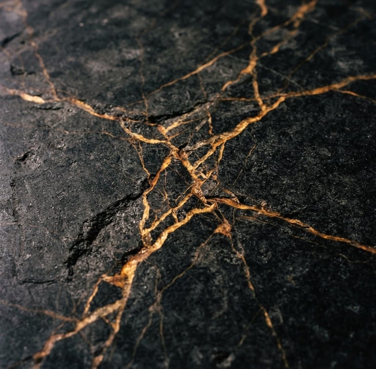 Extreme close-up of dark charcoal granite slab with sharp golden veining, dramatic low-key side lighting, architectural texture detail, 35mm