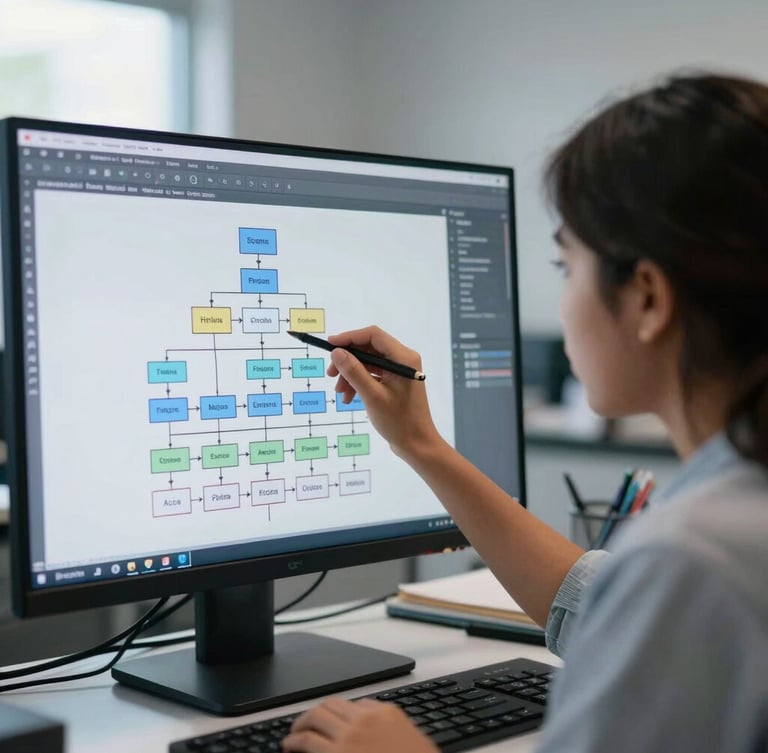 Dynamic medium-close shot of a Peruvian female student analyzing a complex software architecture diagram on a glowing monitor, natural daylight mixing with subtle cool screen glow, modern lab environment.