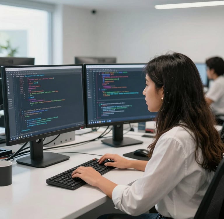 Dynamic medium shot of Peruvian female software engineering student working on a large dual-monitor setup, code visible on screen, bright modern laboratory setting, natural lighting