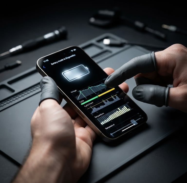 Close-up of a technician's hands performing a precise diagnostic test on an iPhone screen, showing battery health data, under high-contrast studio lighting, deep obsidian and titanium gray tones, sharp macro details, 85mm lens